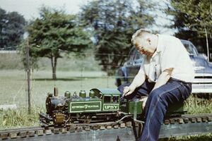 Karl Friedrich steaming his freelance 3.5 inch gauge 0-4-T "UPSY", about 1952. Photo from Friends Models.