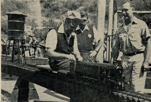 David Rose preparing for his first test run of a new loco purchased in England. Photo by L.M. McKenney. GGLS Labor Day Meet 1953. From "The Miniature Locomotive", Nov-Dec 1953.