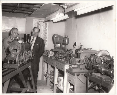 Ralf Francis (left) and Ernie Grow inspecting a 1.6 inch gauge American under construction in Ralf's shop. The Grow family owned the resulting American from 1980 on. Photo by A.W. Leggett.