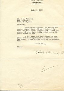 Letter from Rollin J. Lobaugh to Charles A. Purinton, 1933.