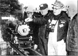 At the 1972 BLS meet At Pioneer Valley Live Steamers in Southwick, Massachusetts is L-R: Barney Barnfather, Jack Kerr (Canada), Harry Dixon & Carl Purinton, all BLS secretaries or former secretaries. Photo provided by Bob Hornsby.]]
