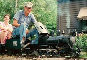 Dwight Winkley with his Carl Purinton designed 2-6-0 Mogul. Photo by Bob Hornsby, taken at Roy Spencer's track, Danvers, MA, 6 Sep 1986.