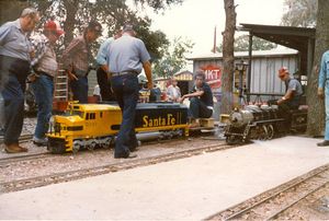 Kenny Rhodes at the throttle of a Koster's Miniature Railroad Supply diesel. Photo by Tom Stamey.