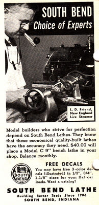 South Bend Lathe advertisement featuring Lester D. Friend, from "The Live Steamer", May-June 1950