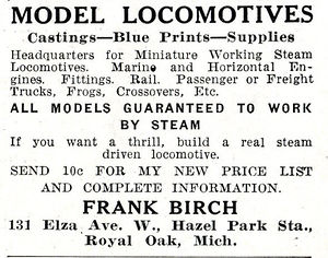 Frank Birch advertisement that appeared in "The Modelmaker", September 1932.