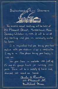 This is an actual early invitation which Carl Purinton mailed to invited guests for the Brotherhood of Live Steamers second annual meet held 14 October 1934.