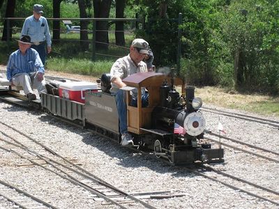 Wayne Davis on his scratch-built #49 at the Annetta Valley & Western Railroad. Bob Gray can be seen walking in the background. Photo by Terry Shirley.
