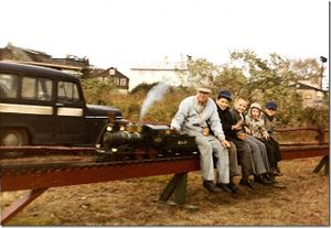 The late Stan Robinson runs his newly completed I-6 class 4-4-0 with some passengers, circa 1959. The "flagman" on the rear is a very young Keith Taylor of Jefferson, Maine, USA, the very last East-Coast Secretary for the Brotherhood of Live Steamers. Photo courtesy Keith Taylor. Critical castings are now available for this locomotive. From FriendsModels.com