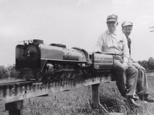 This is a picture of Al Roedding and Dave Jarvis with Al's 3/4 inch UP Northern. This picture was taken in the 1960's at the Windsor Ontario track. Provided by Steve Bratina.