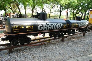 A pair of 2-1/2 inch scale narrow-gauge "Gramps" tank cars built by Bill Laird, shown here at Annetta Valley & Western Railroad.