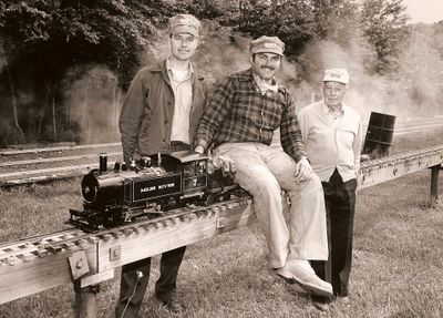 L-R: Bob Hornsby - BLS Secretary for the eastern USA, Bob Hagopian and the late Carl Purinton. Carl was the founder of the live steam hobby in the USA and the founder of the Brotherhood of Live Steamers (BLS) in 1932. The locomotive belongs to (now Rev) Bob Hagopian of Rowley, MA. Photo by Gordon Roth, June 1982.