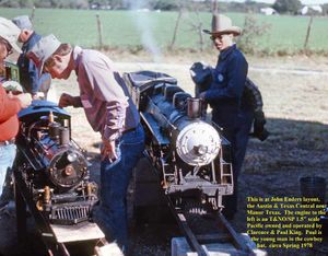 Paul King stands next to his father's Pacific at John Ender's Austin & Texas Central near Manor, Texas, 1978. Photo by Connor Sweet, provided by Shane Murphy.