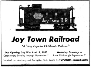 Advertisement for Joy Town Railroad from The Miniature Locomotive, May-June 1953.