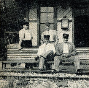 Waiting for the train, Grizzly Flats Railroad. Left to right are Ward Kimball and Dick Jackson, Bob Day and Les Friend seated. From "The Miniature Locomotive", Nov-Dec 1952.