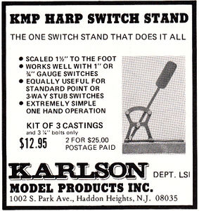 Advertisement for Harp Switch Stand by Karlson Model Products, from Live Steam Magazine, August 1975.